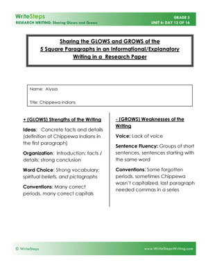 3rd grade student writing sample used to analyze a research piece using a 6 Traits rubric. From Common Core WriteSteps.