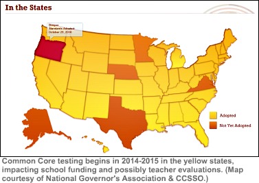 Map showing state adoption of the Common Core standards.