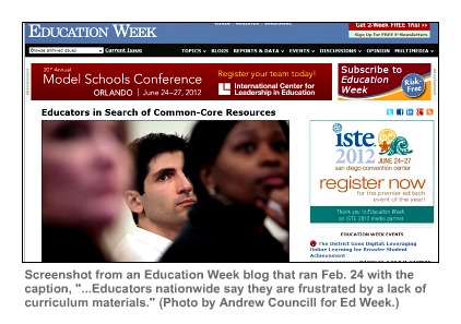 Image of Education Week blog about scarcity of Common Core resources.